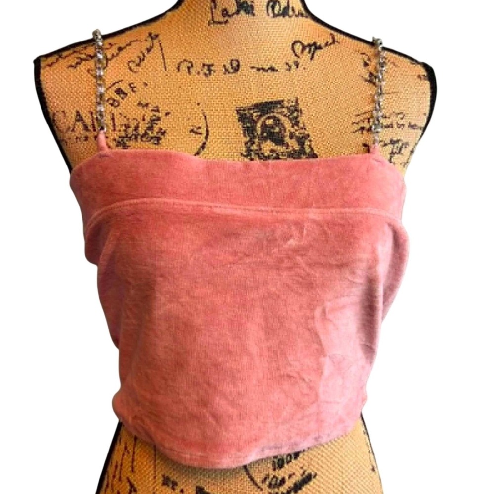 Womens Chain Strap Y2K Coquette Girl Concert Summer Velour Tank Top Pink Medium